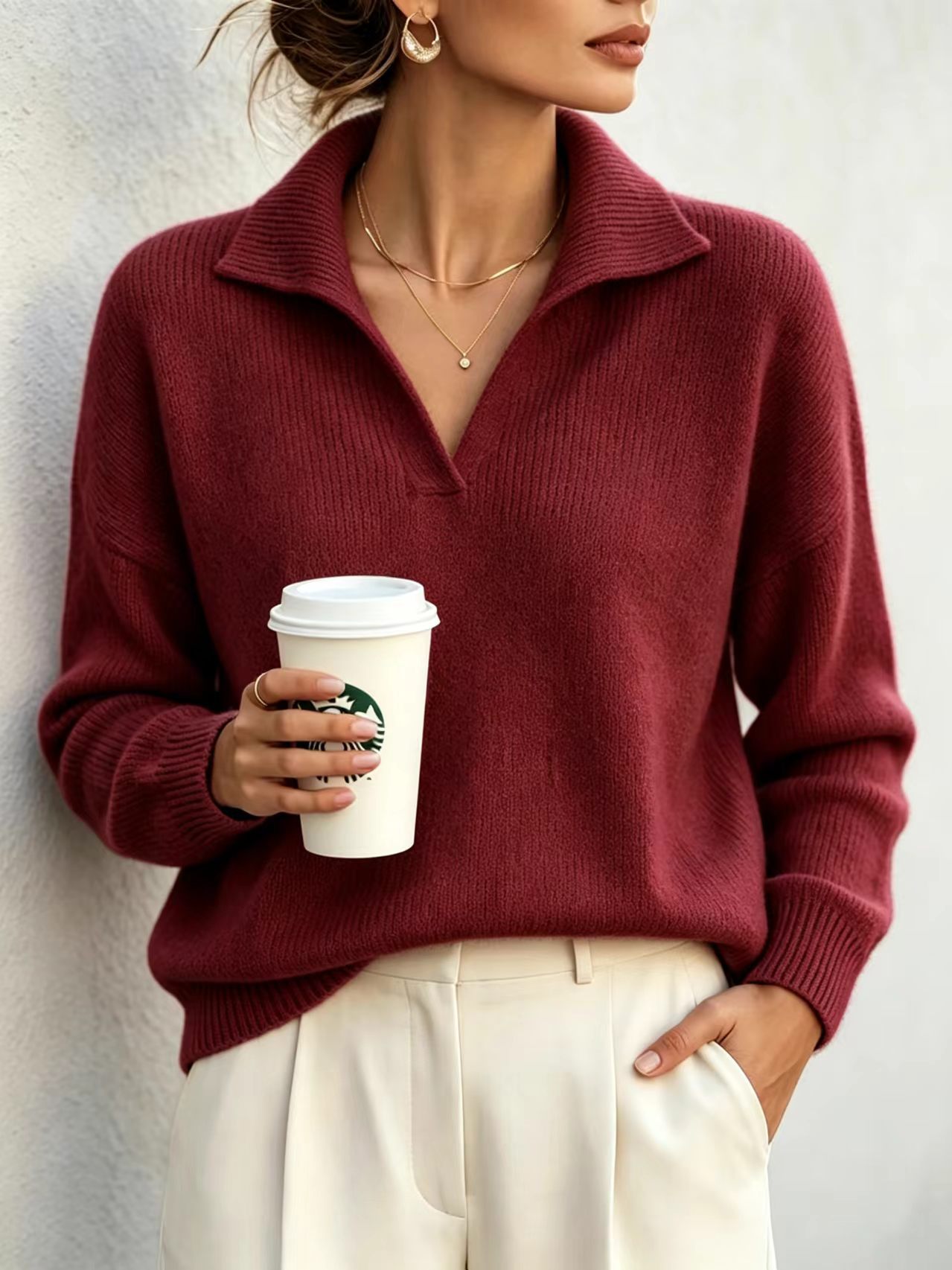 V-Neck Pullover Sweater Top Elegant Commuter Style Women's