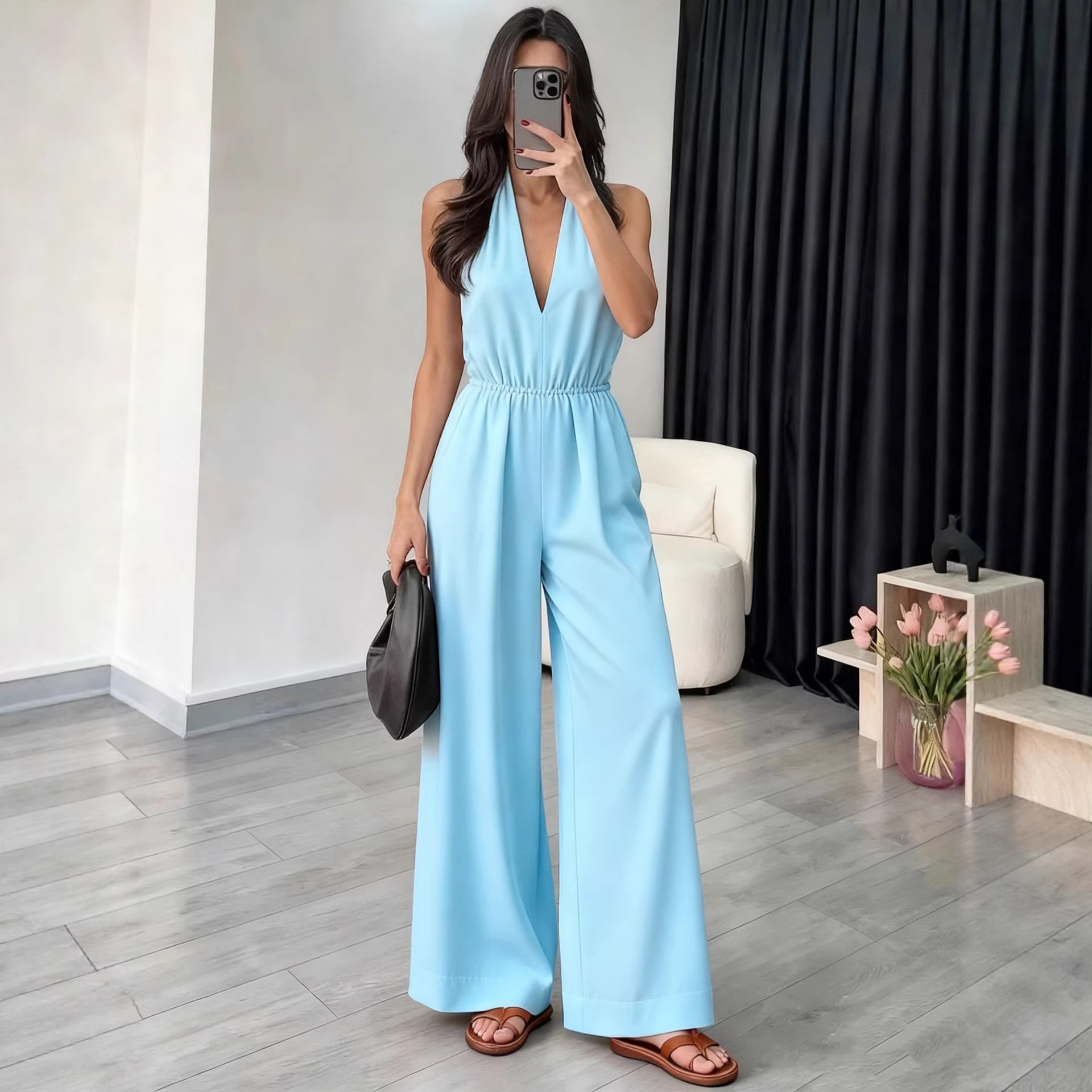 Women's V-Neck Halter Sleeveless Jumpsuit Solid Color Wide-Leg