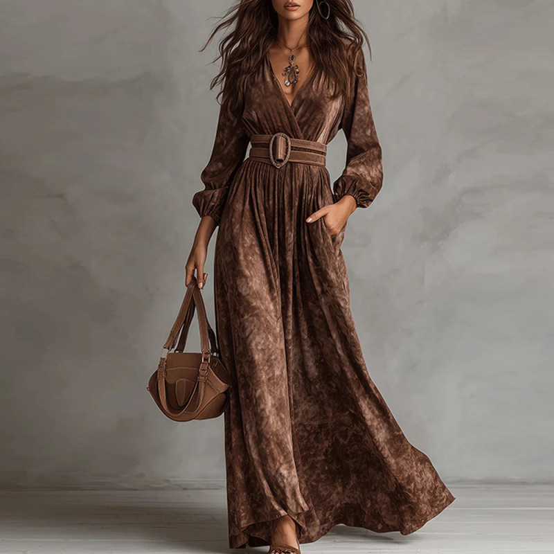 Women's V-Neck Long Sleeve Faux Suede A-Line Maxi Dress