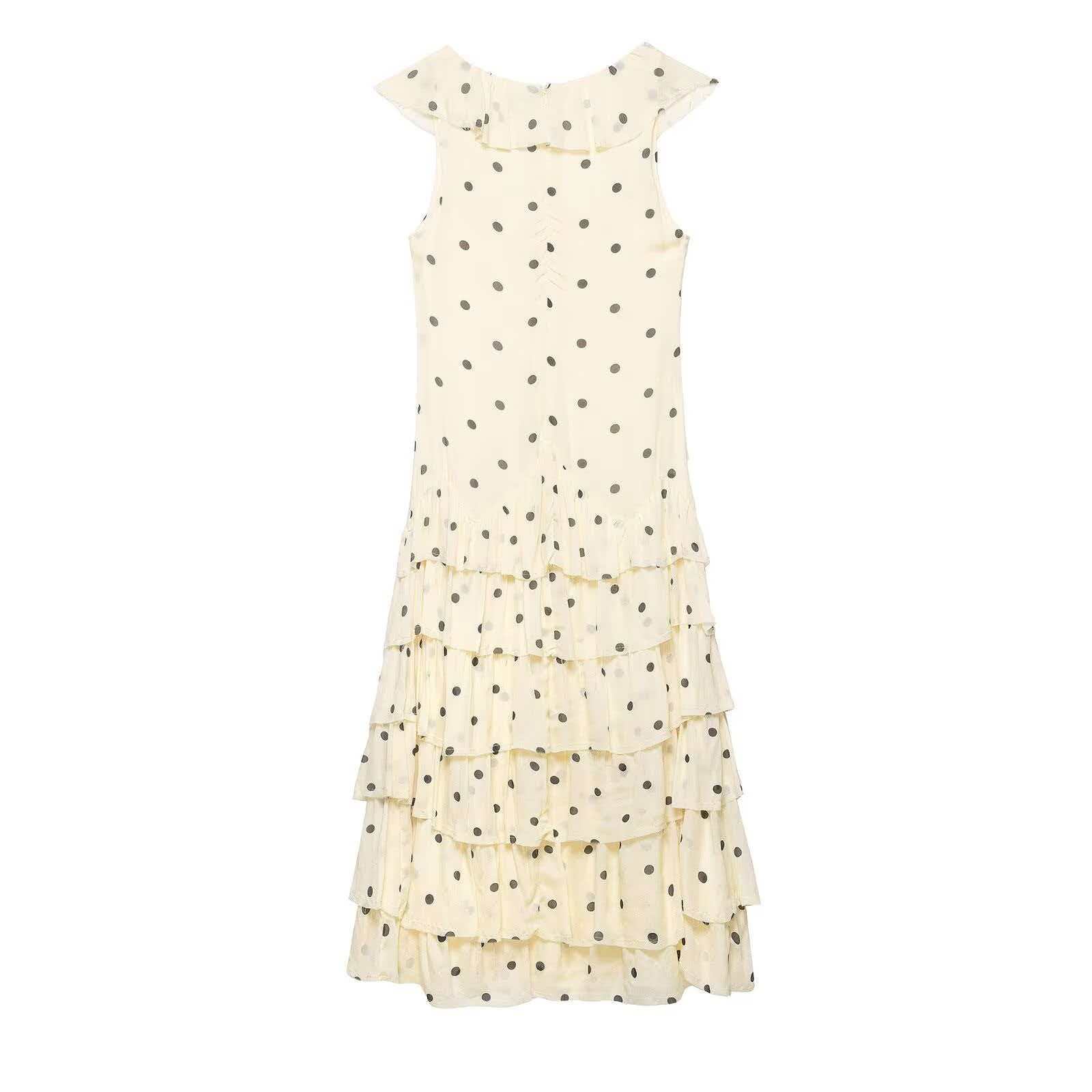 Women's Summer Polka Dot Ruffle Tiered Midi Dress Slimming Off-White