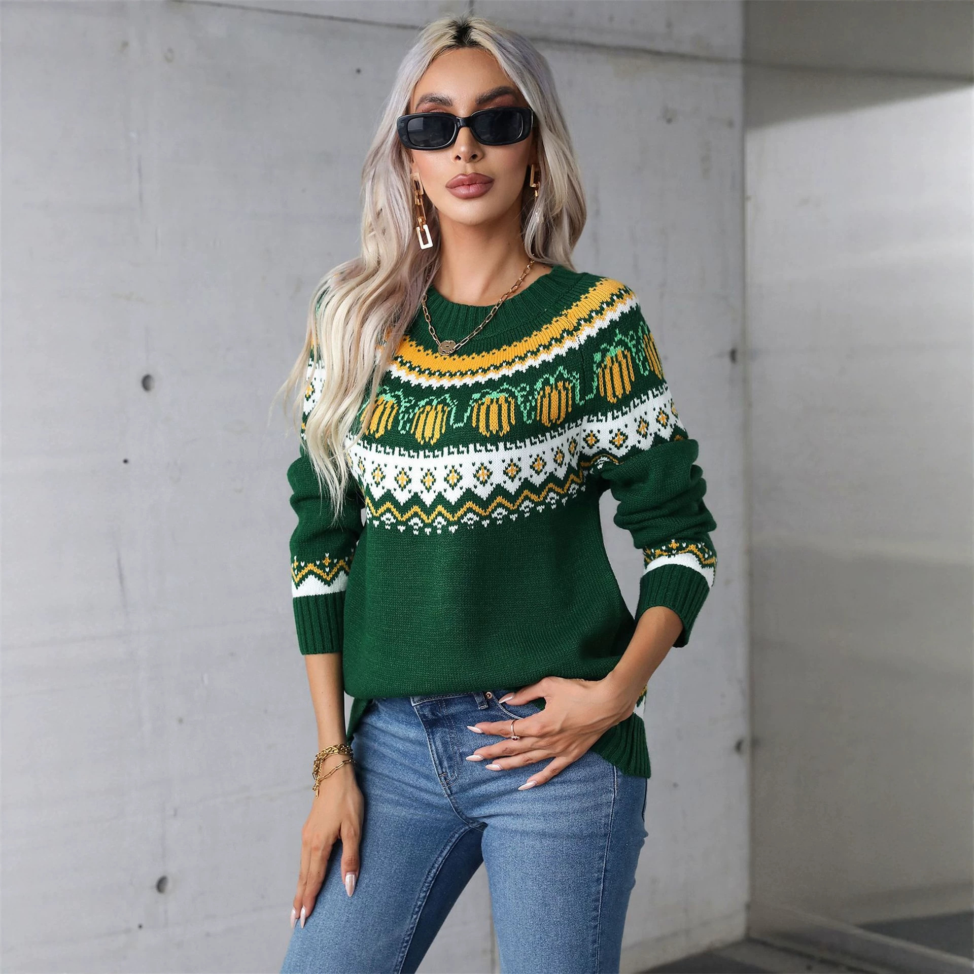 Halloween Color-Block Crewneck Sweater Plus Size Women's