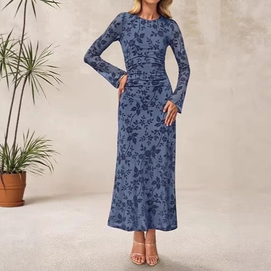 Women's Printed Mesh Bodycon Midi Dress Slim Fit High Waist Long Sleeve