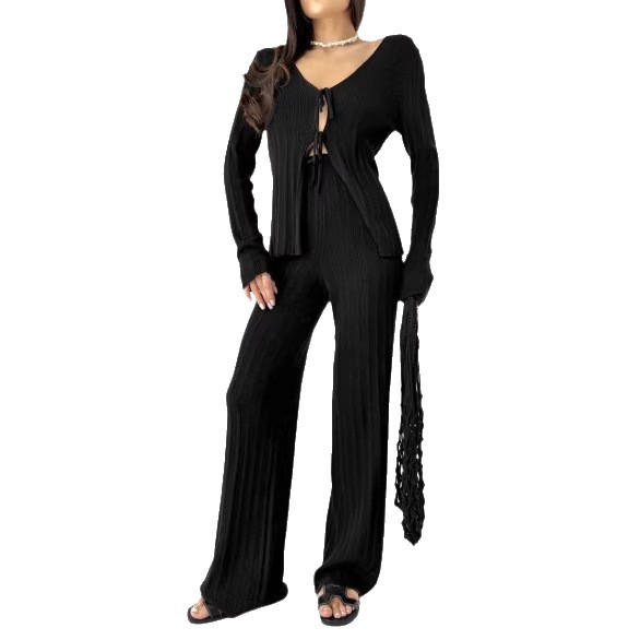 Women's Long Sleeve Tie-Front Cardigan and Pants Set