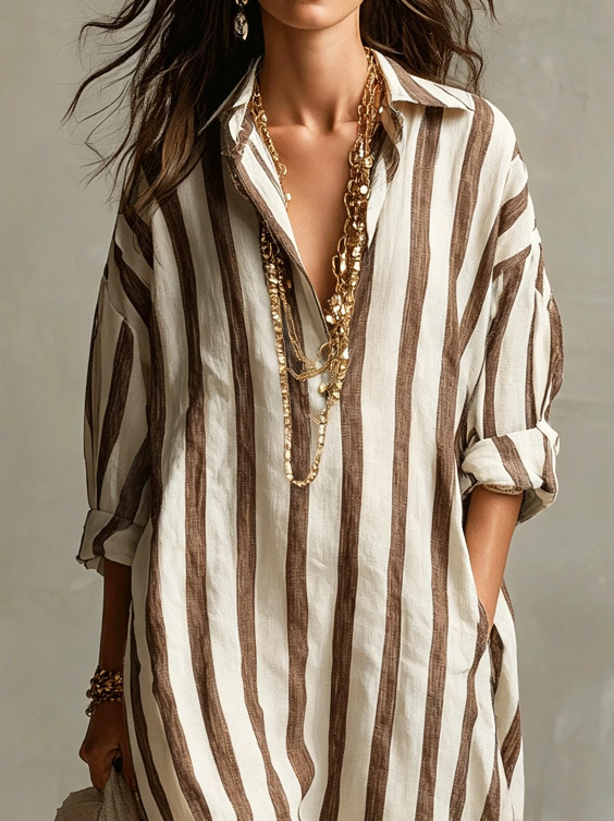 Women's Loose V-Neck Long Striped Print Shirt Dress