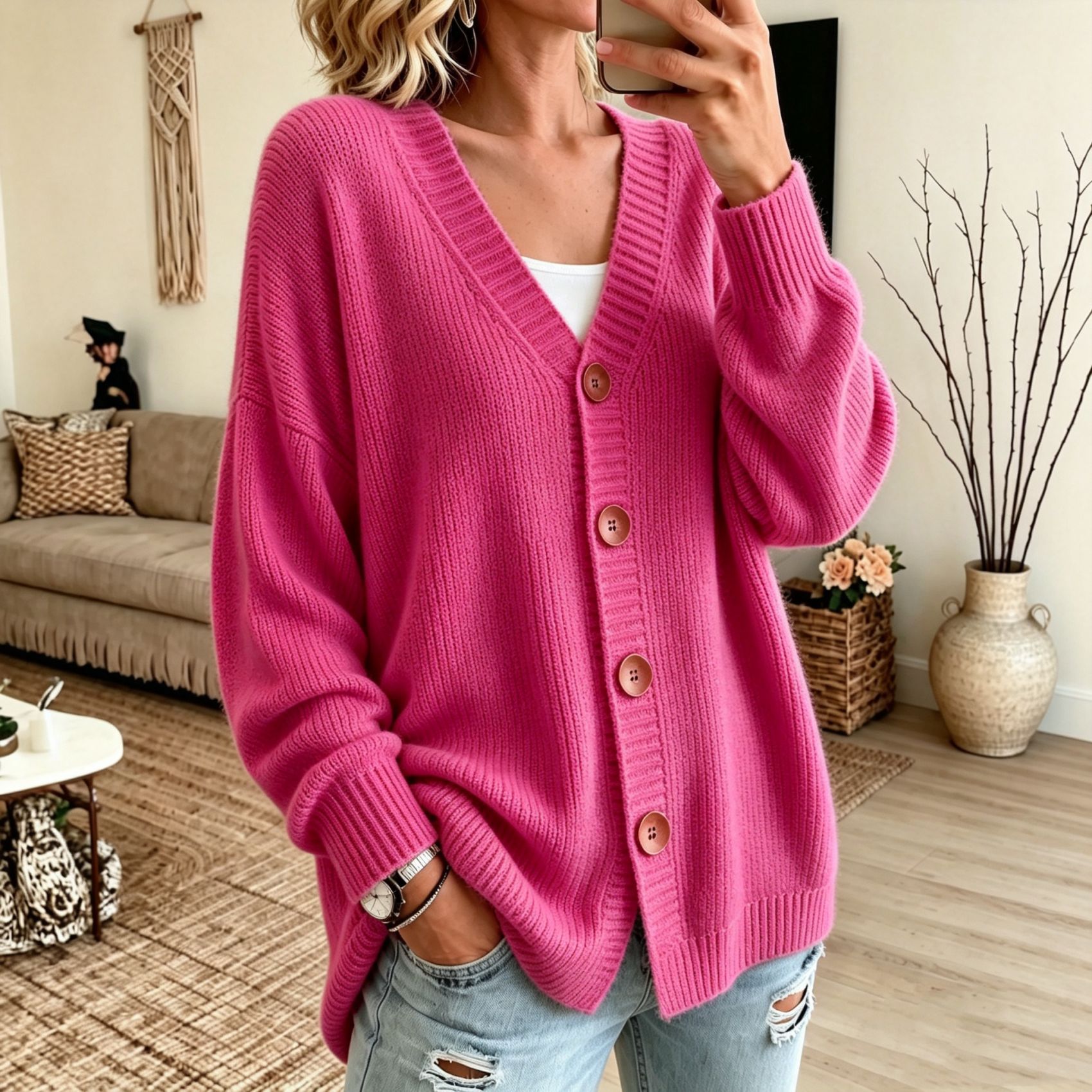 Women's Button-Front V-Neck Knit Cardigan Sweater