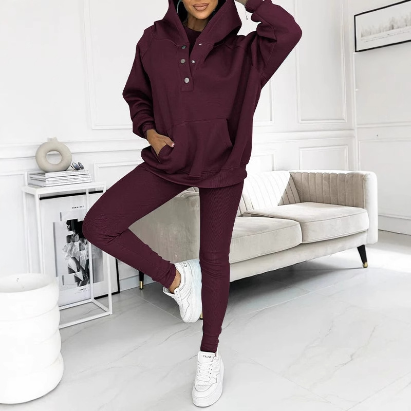 Solid Hooded Button Sweatshirt and Pants Set