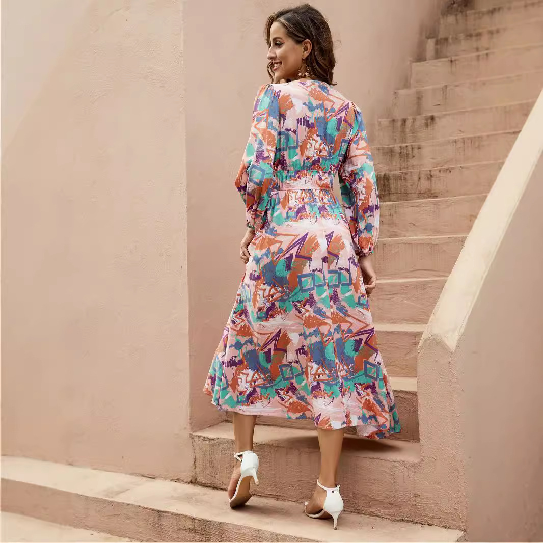 Irregular Print Deep V Waist Lantern Sleeve Maxi Dress