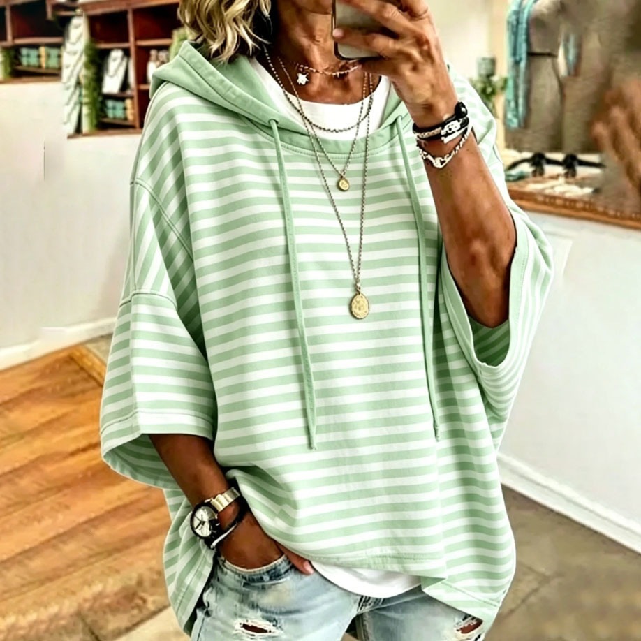 Women's Striped Hooded Pullover Sweatshirt with 3/4 Sleeves