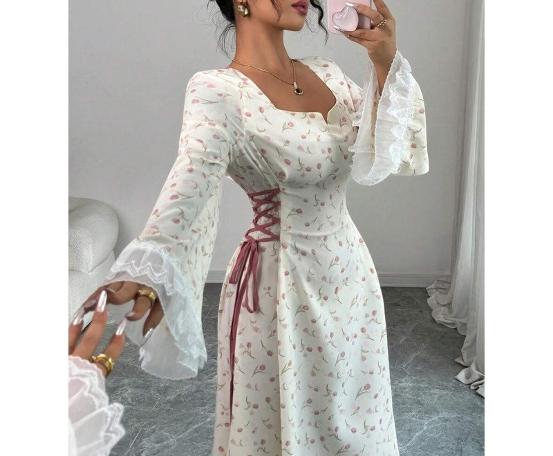 Floral Print Long Sleeve Tie-Waist Midi Dress