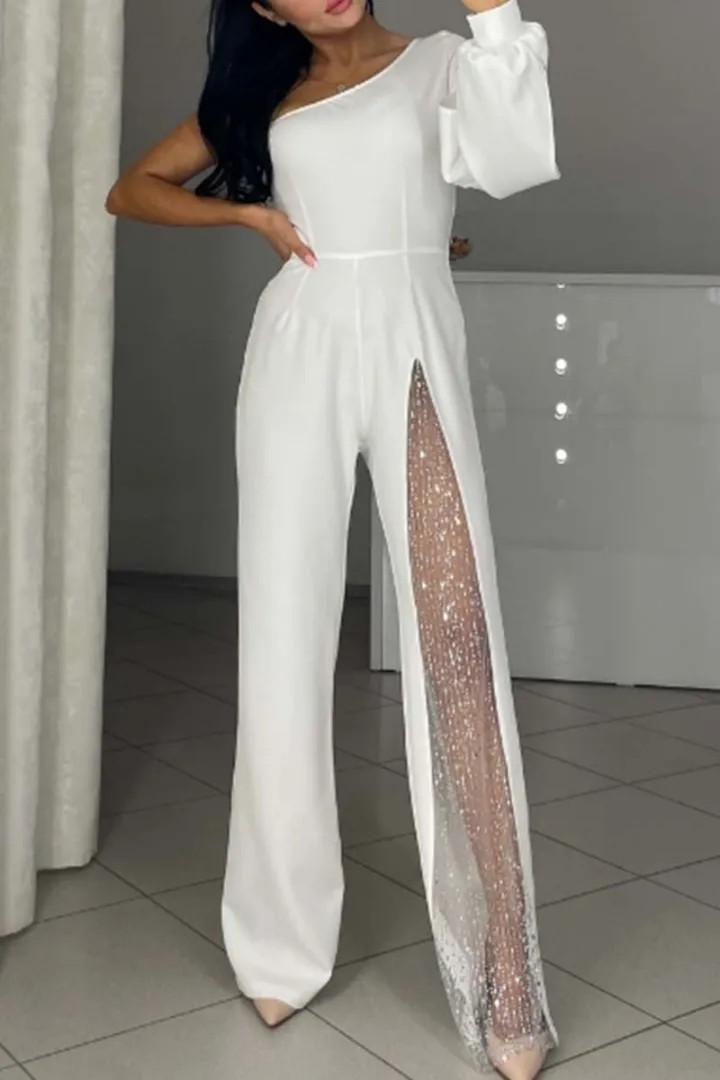 Women's One-Shoulder High-Slit Jumpsuit with Flared Pants