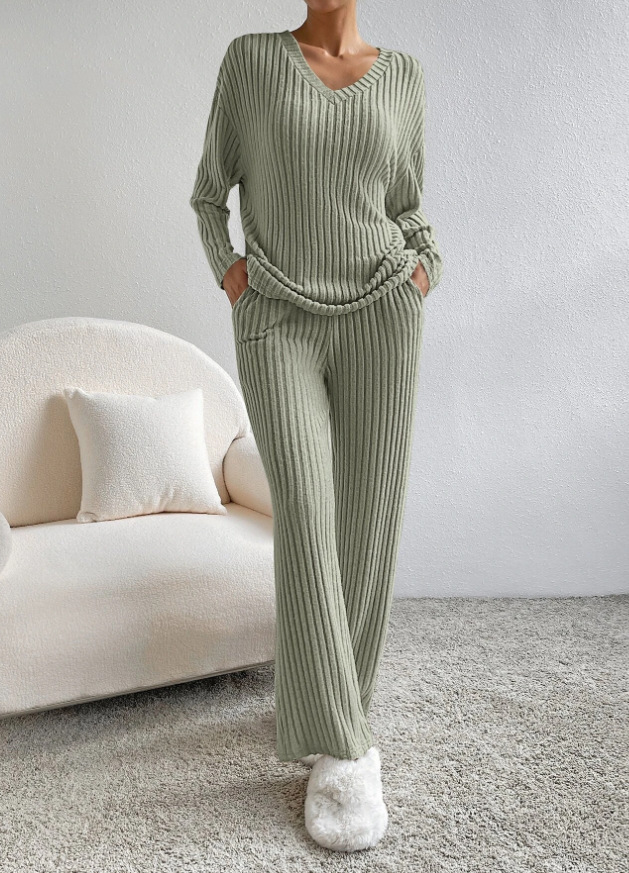 Women's Ribbed V-Neck Top and Straight-Leg Pants Two-Piece Set