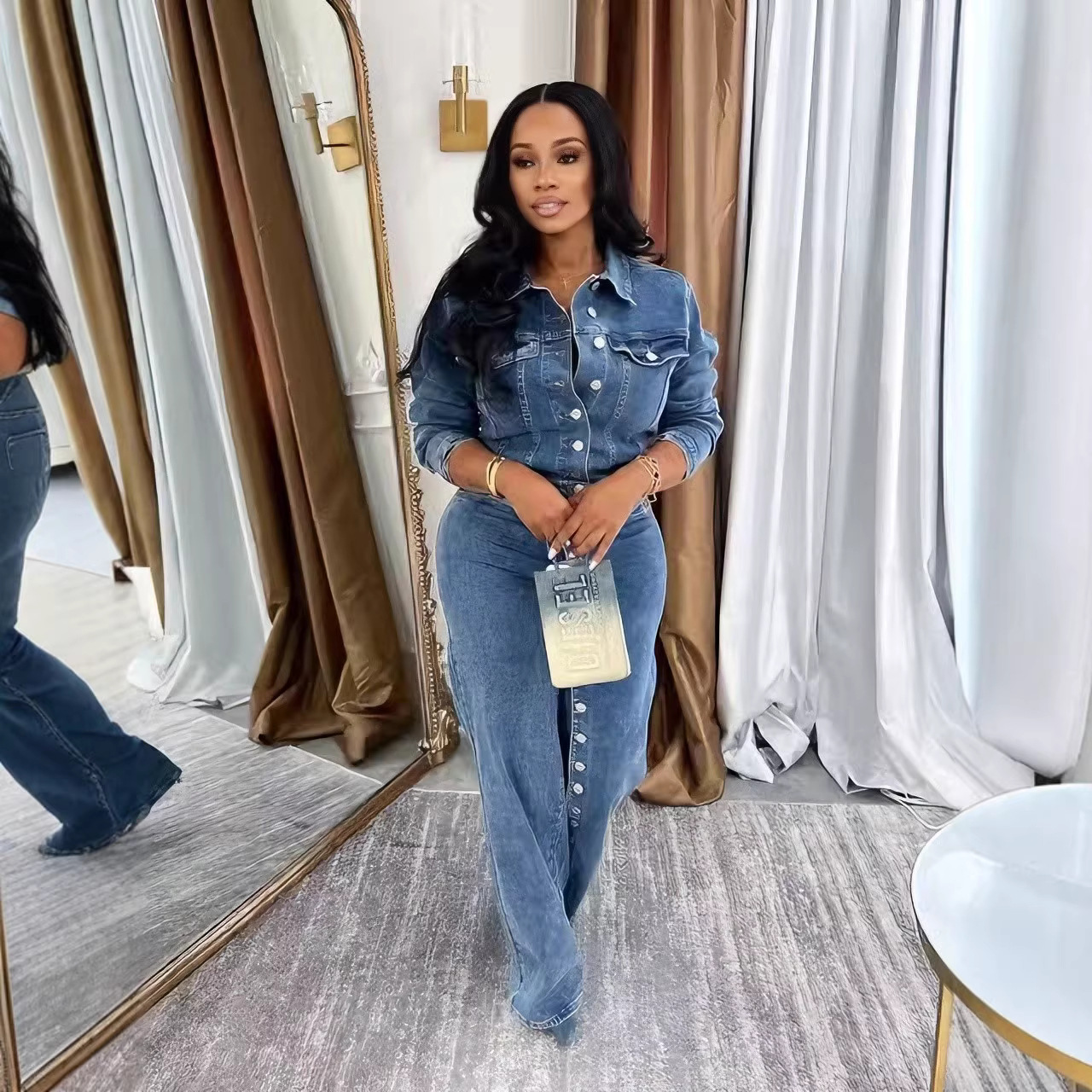 Women's High-Stretch Button-Front Washed Denim Two-Piece Set