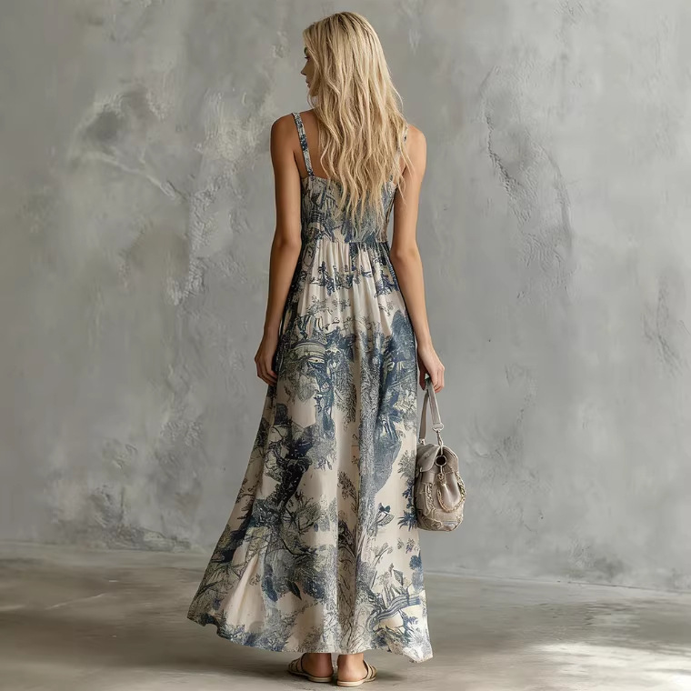 Blue Floral Print Sleeveless Square Neck Chiffon Maxi Dress