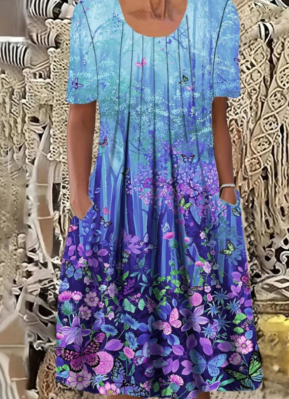 Plus Size Floral Print Short Sleeve Round Neck Midi Dress