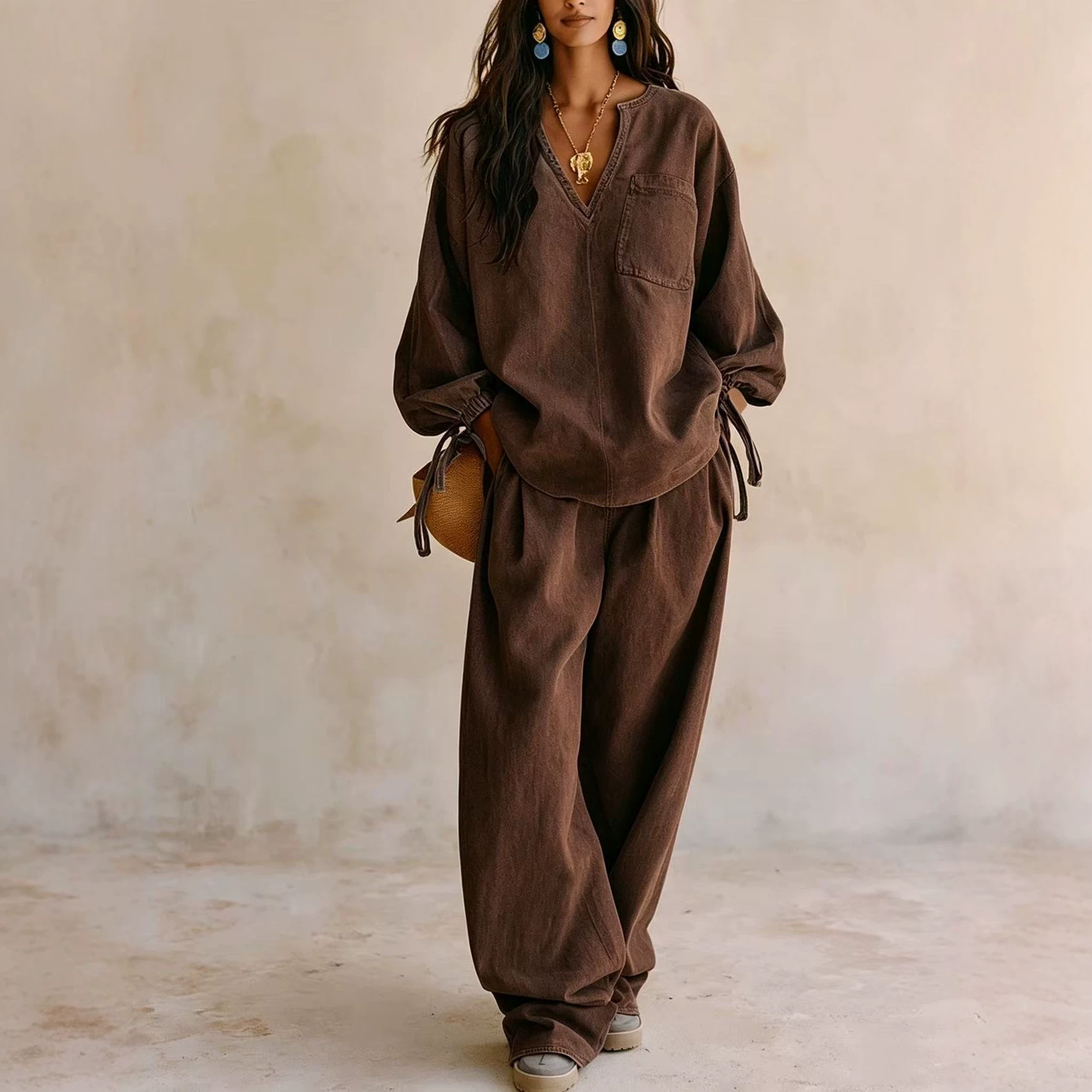 Women's Casual Long Sleeve Wide Leg Pants Solid Color Set