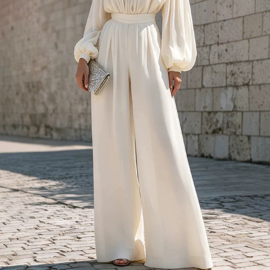 French Off-Shoulder Puff-Sleeve Wide-Leg Jumpsuit with Waist