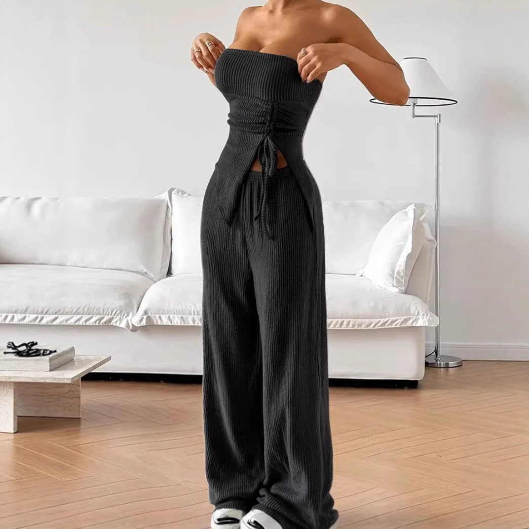 Women's Sexy Strapless Two-Piece Ribbed Set with Slit Top and Straight-Leg Pants