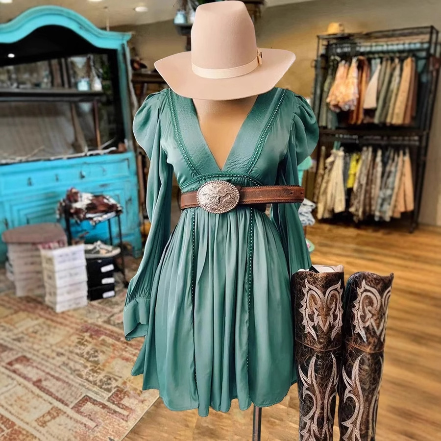 Women's Long Sleeve V-Neck Beaded Dress Green
