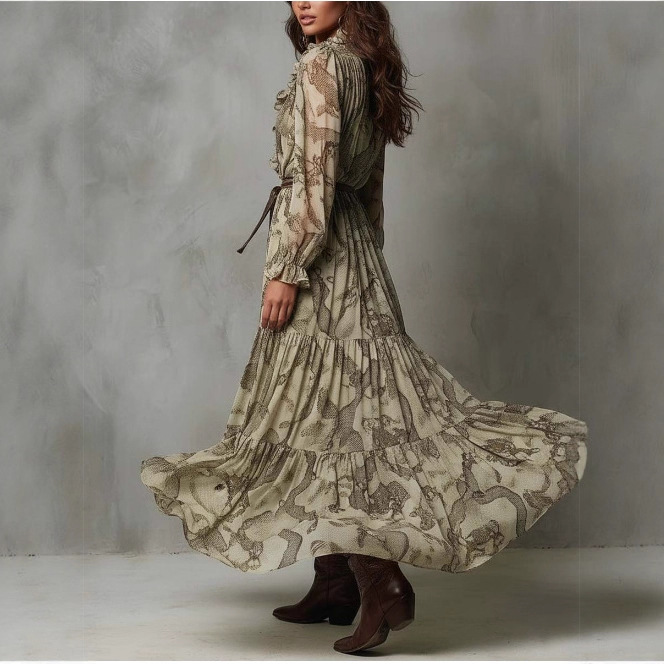 Ruffled V-Neck Chiffon Maxi Dress Desert Python Print