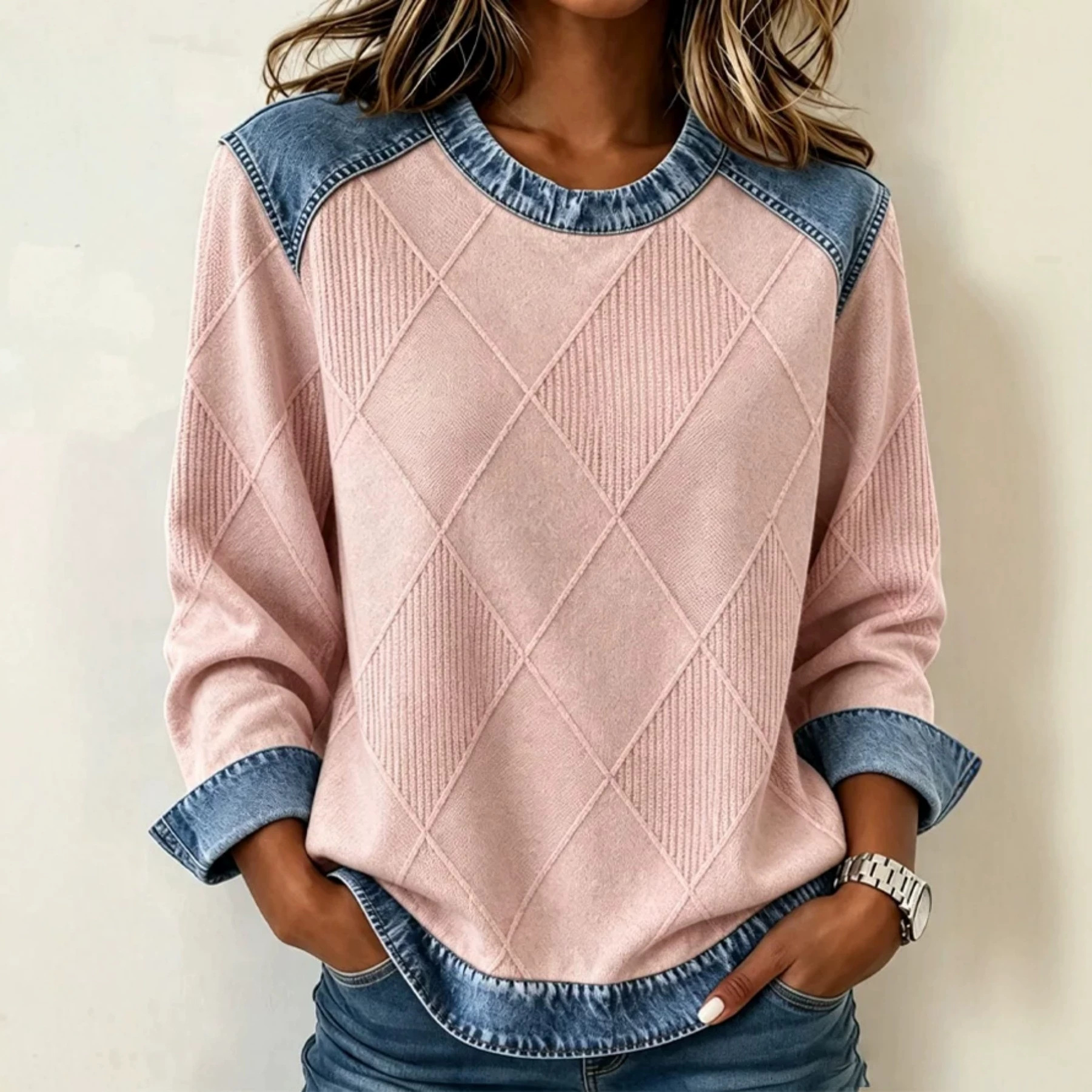Women's Plaid Line Diamond Print Casual Sweatshirt