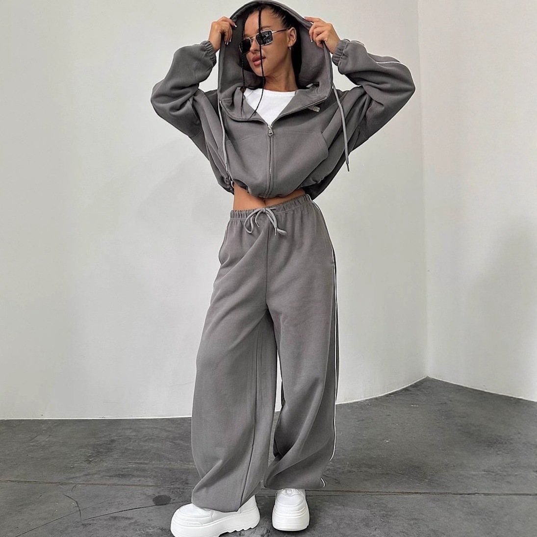 Women's Hooded Lace-Up Cardigan and Elastic Waist Pants Two-Piece Set