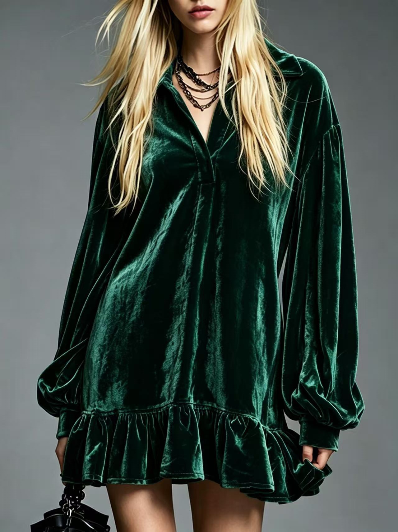 Solid Color French Style Lantern Sleeve Ruffle Collared Shirt Dress