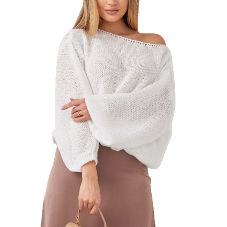 Women's Off-Shoulder Pullover Knit Sweater Loose Long Sleeve Solid Color
