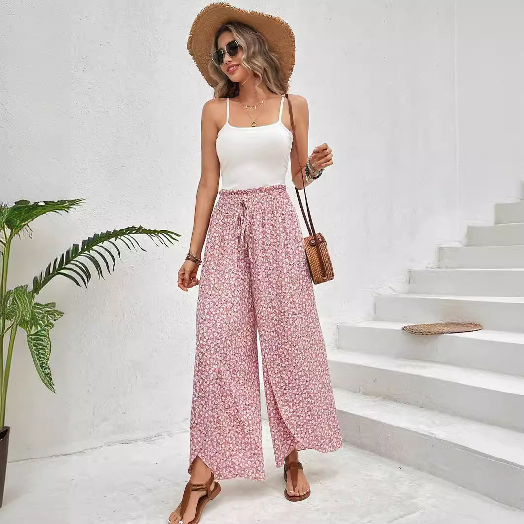Floral Wide-Leg Skirt Pants with Side Slit
