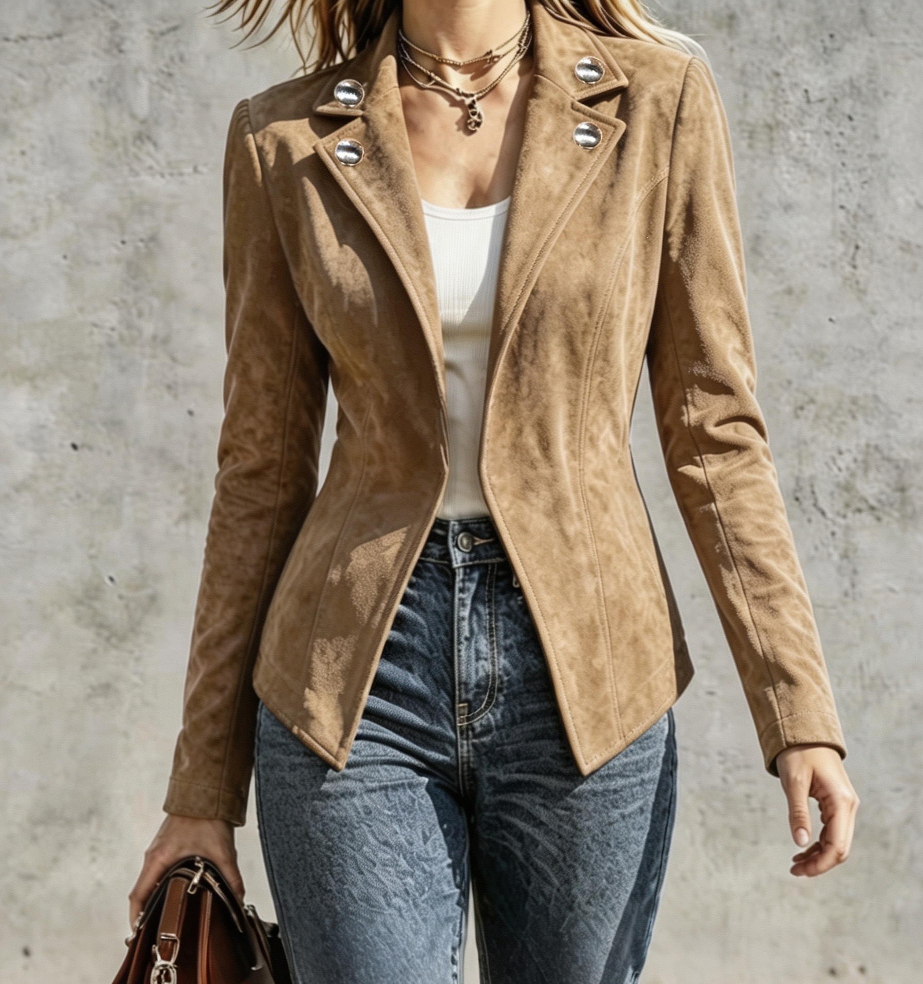 Women's Retro Faux Suede Slim Fit Button Lapel Long Sleeve Jacket