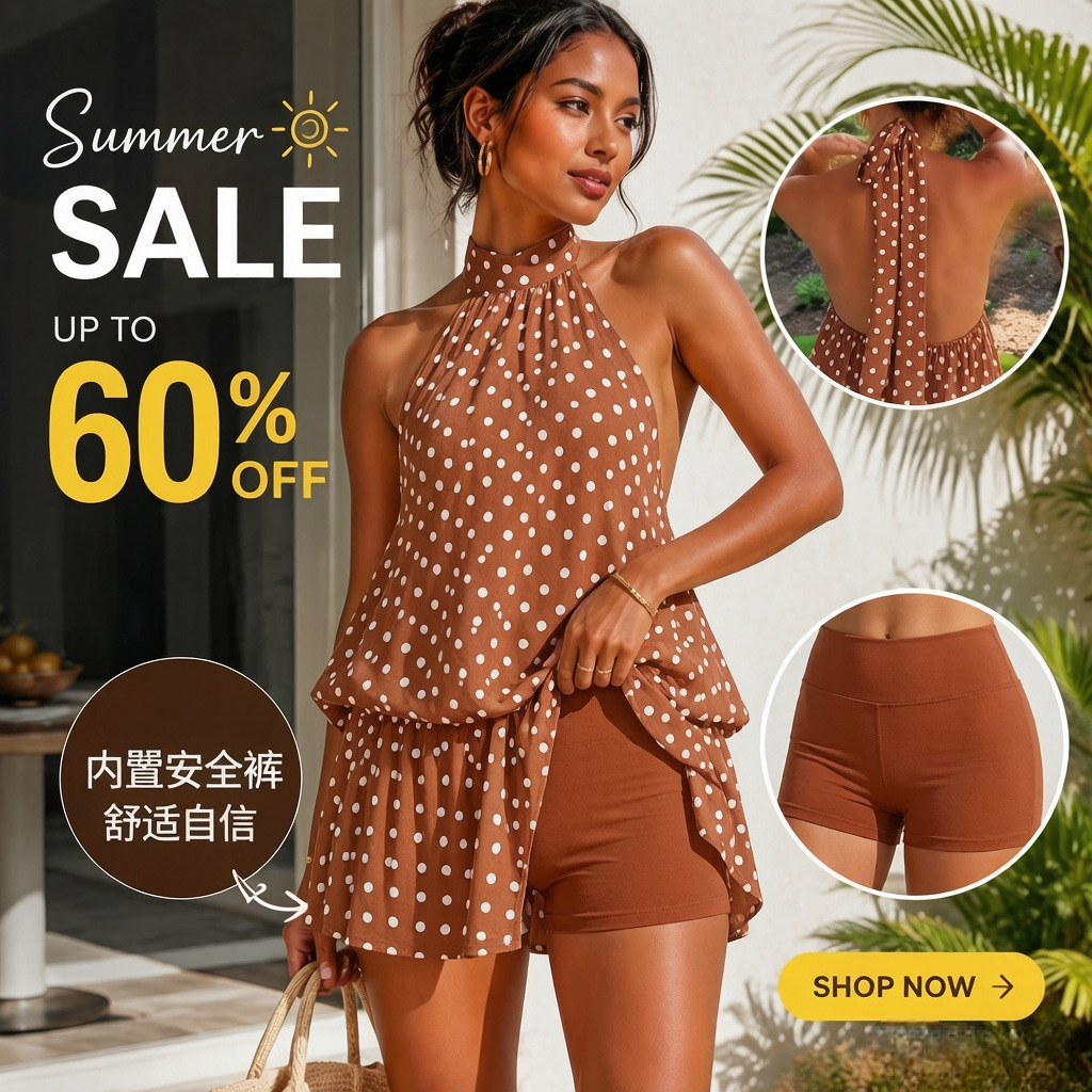 Women's Halter Open-Back Tie Chiffon A-Line Mini Dress with Built-in Shorts