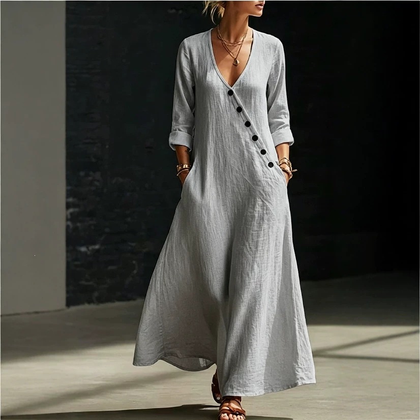 Women's V-Neck Button-Front A-Line Maxi Dress