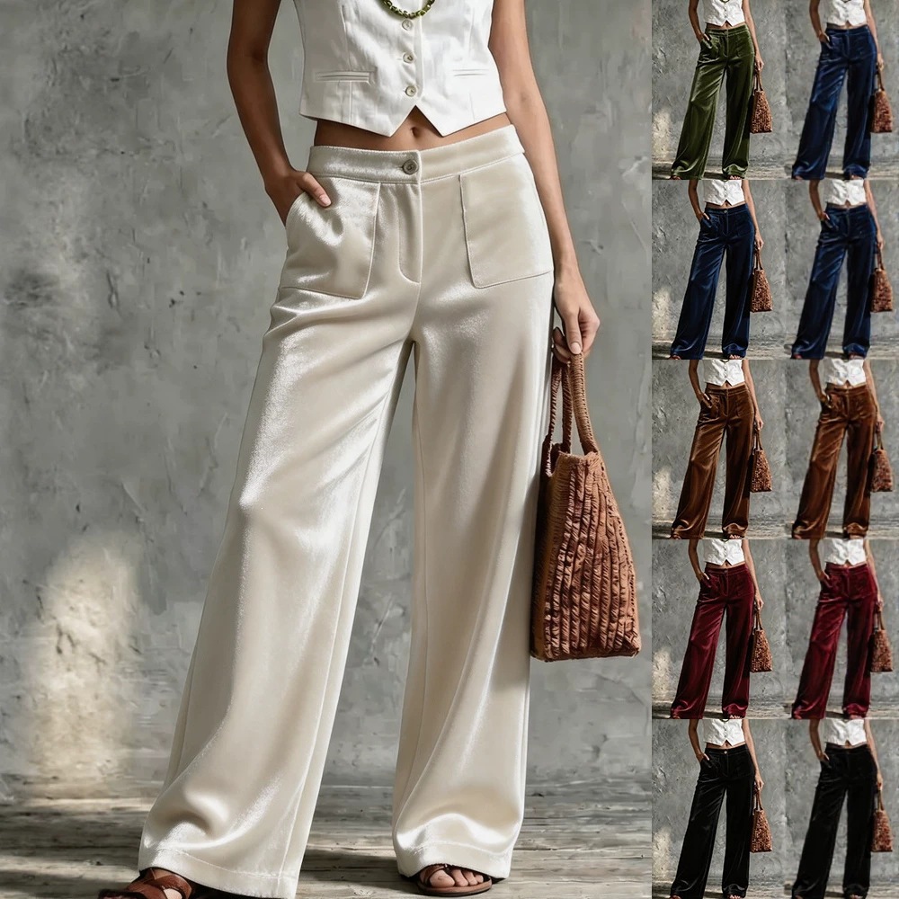 Velvet High-Waist Straight-Leg Pants with Pockets