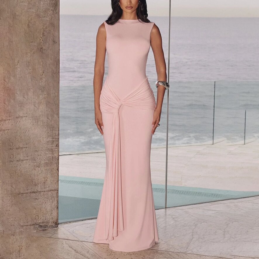 Women's Sleeveless Bodycon Maxi Dress with Open Back and Pleated Detail