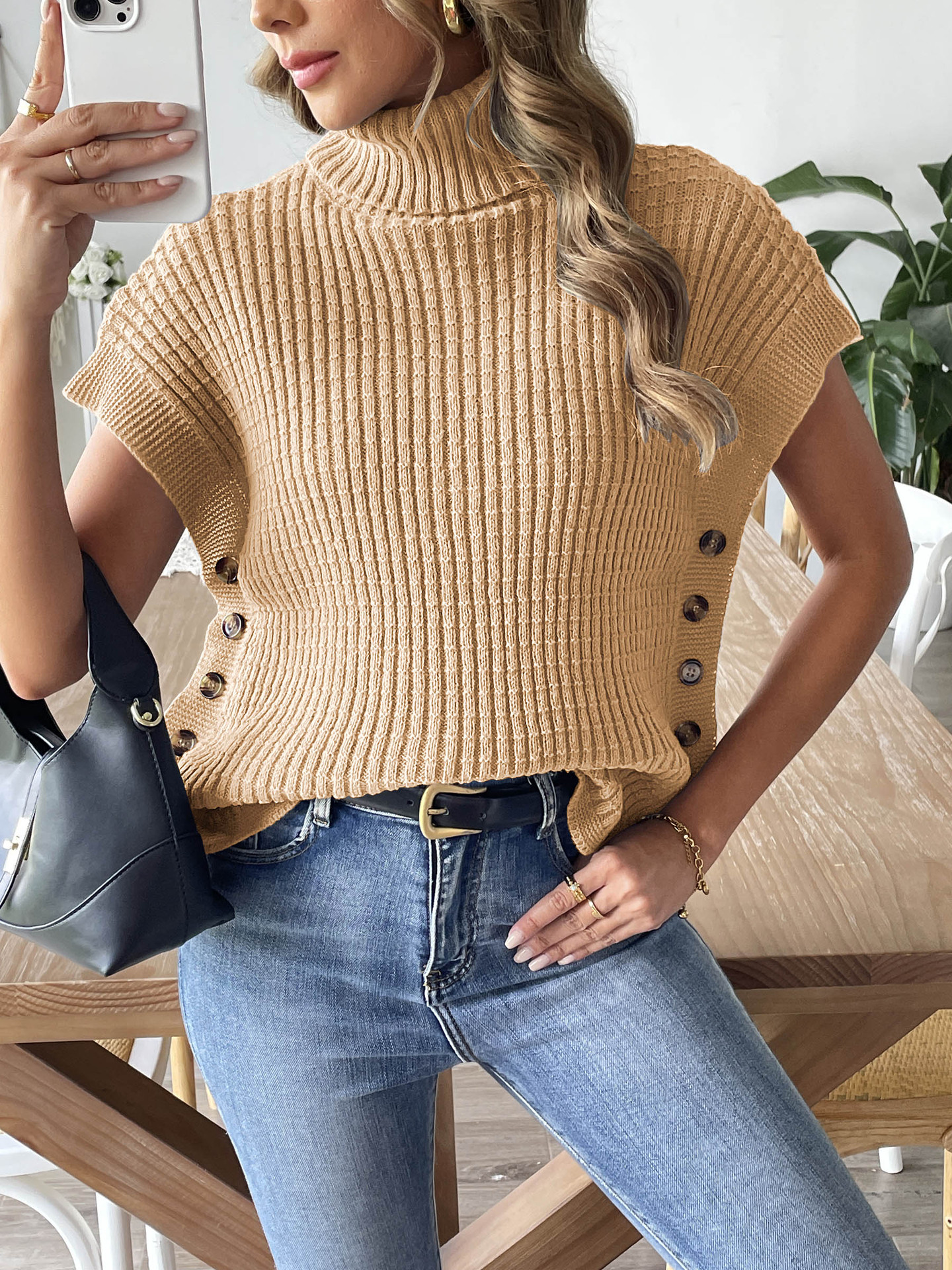 Women's High Neck Sleeveless Knit Sweater Vest with Button Accents