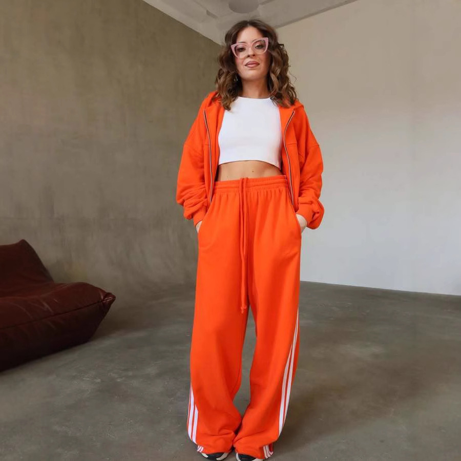 Women's Hooded Drawstring Colorblock Striped Wide-Leg Two-Piece Pants Set