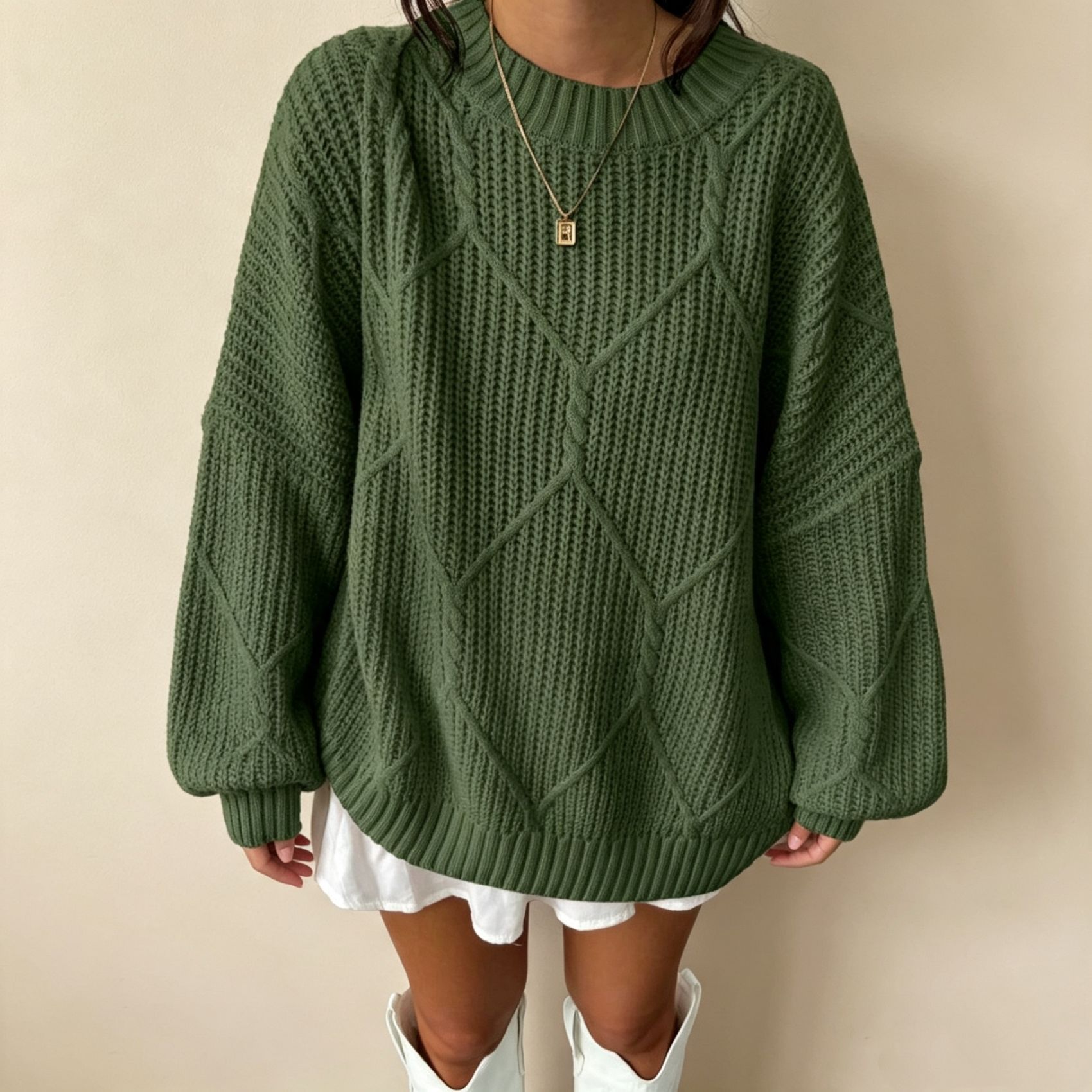 Women's Cable Knit Diamond Crewneck Pullover Sweater