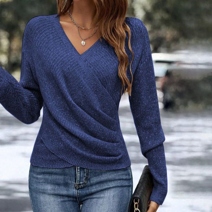 V-Neck Long-Sleeve Cross-Front Solid Knit Sweater