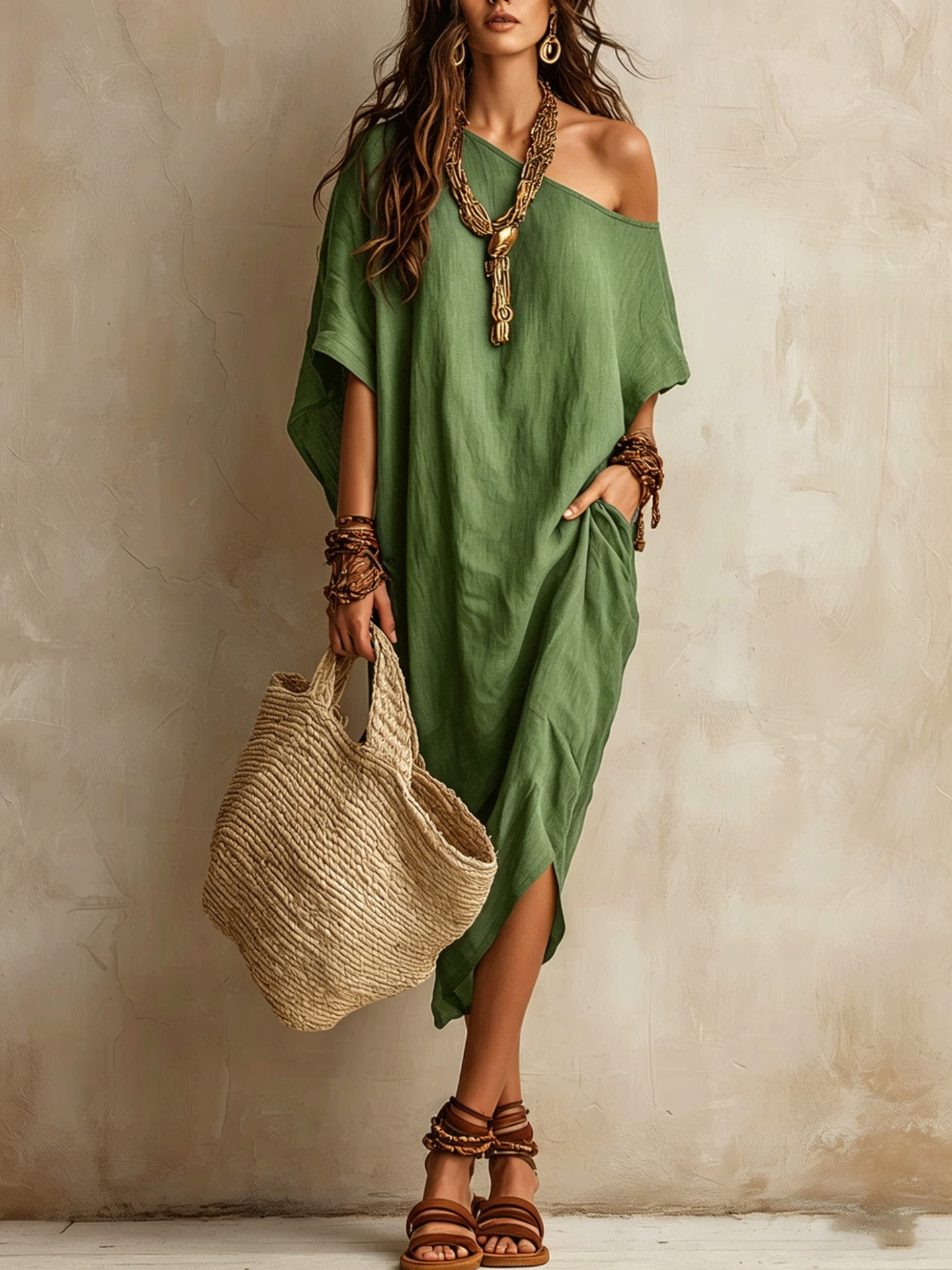 Women's One-Shoulder Cotton-Linen Blend Midi Dress with Batwing Sleeves and Slit