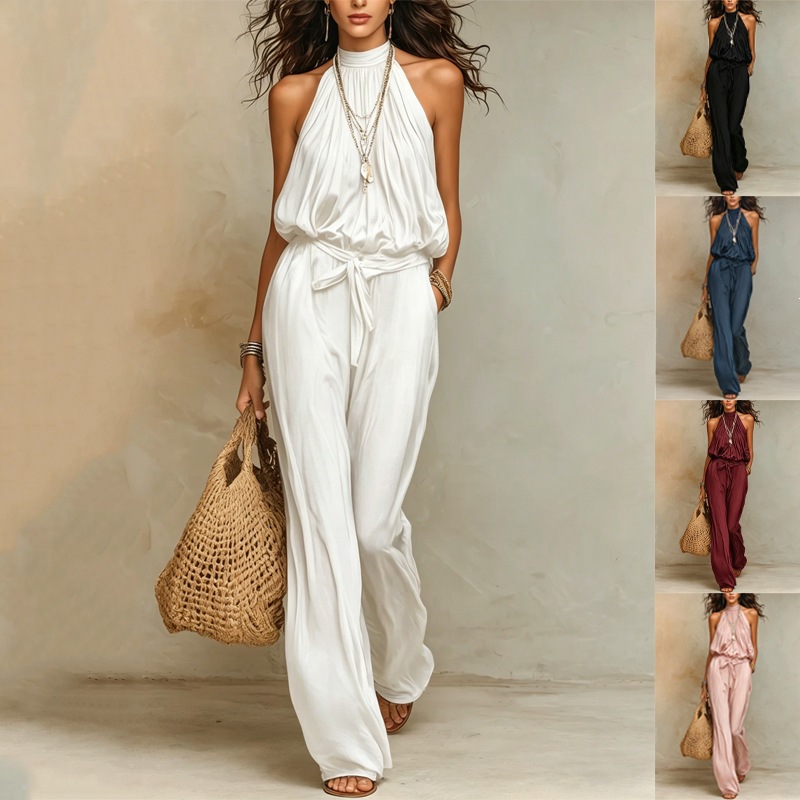 Bohemian Halter Wide-Leg Jumpsuit with Waist Tie