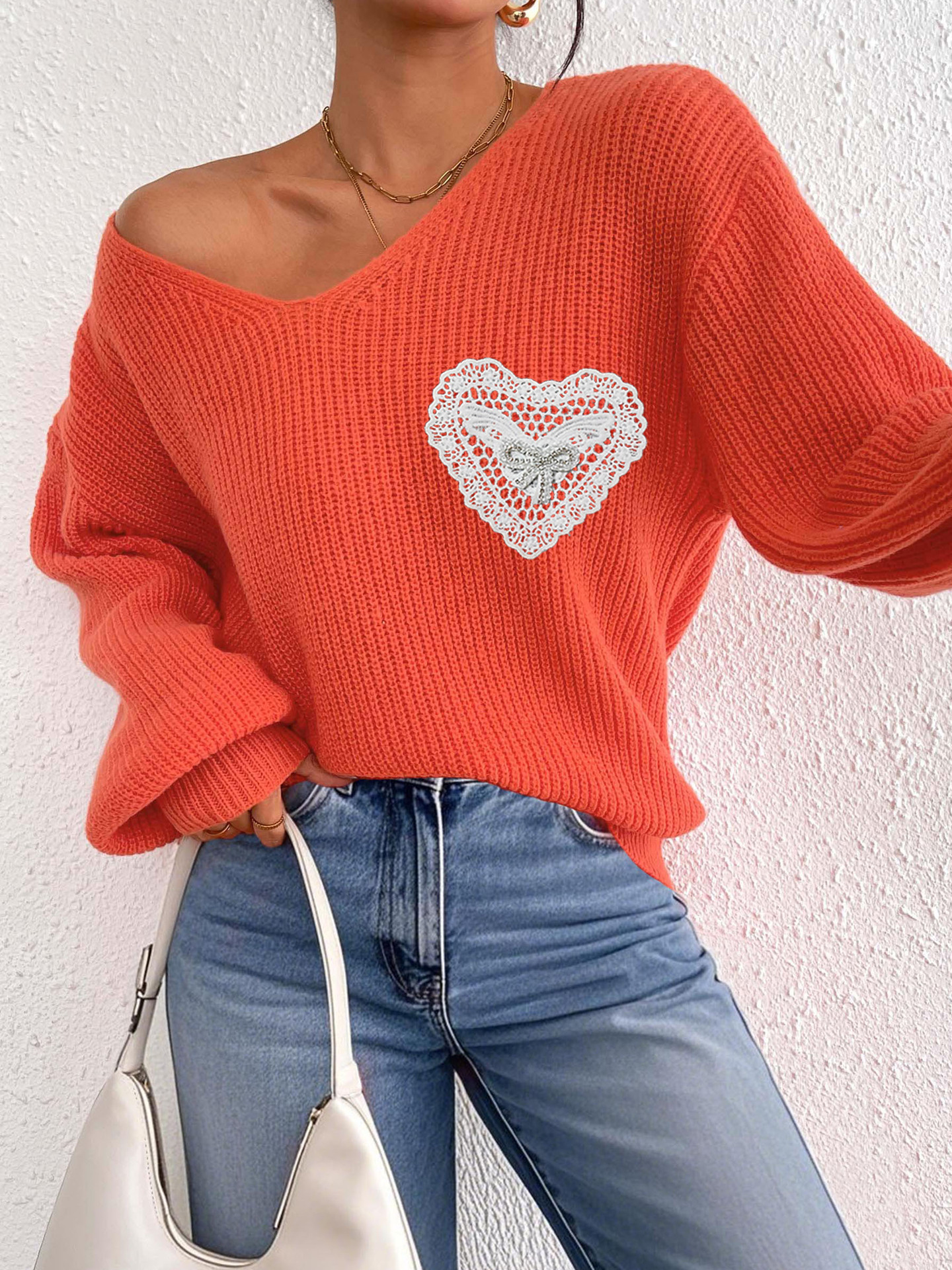 V-Neck Lace Rhinestone Bow Pocket Pullover Sweater
