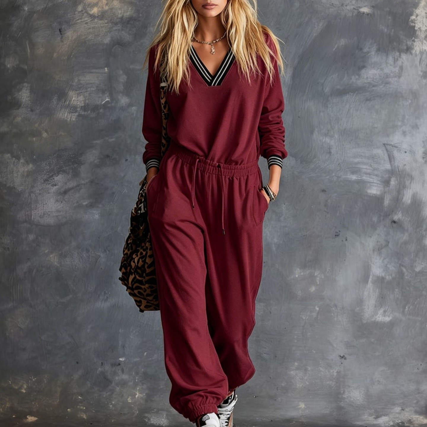 Women's V-Neck Long Sleeve Top and Drawstring Pants Two-Piece Set