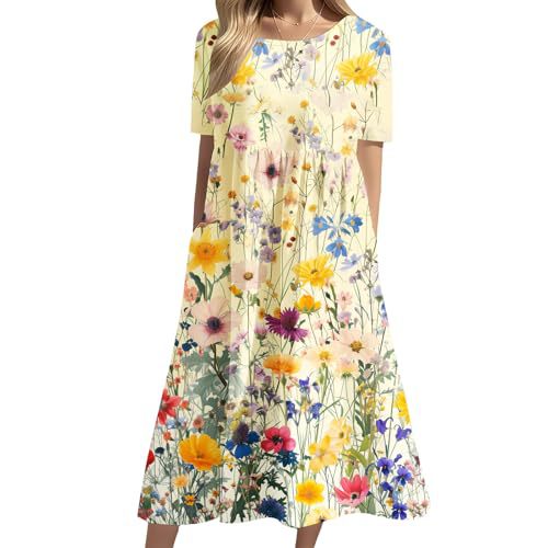 Women's Floral Print Casual A-Line Midi Dress with 3D Digital Print