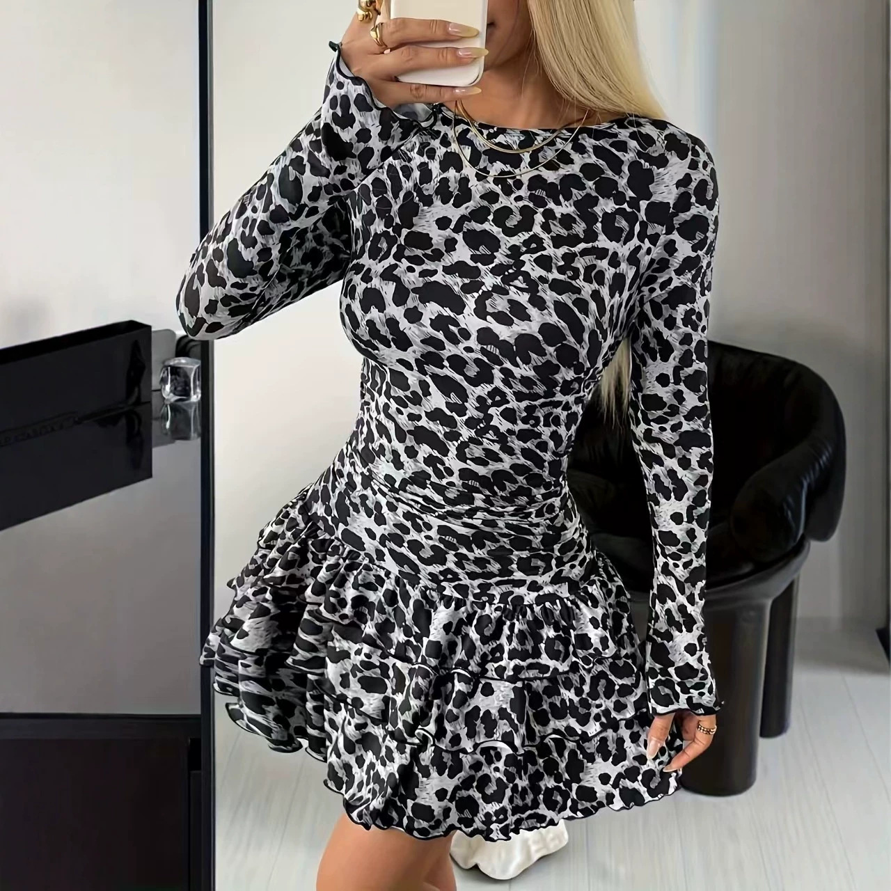 Women's Printed Long Sleeve Ruffle Hem Mini Dress