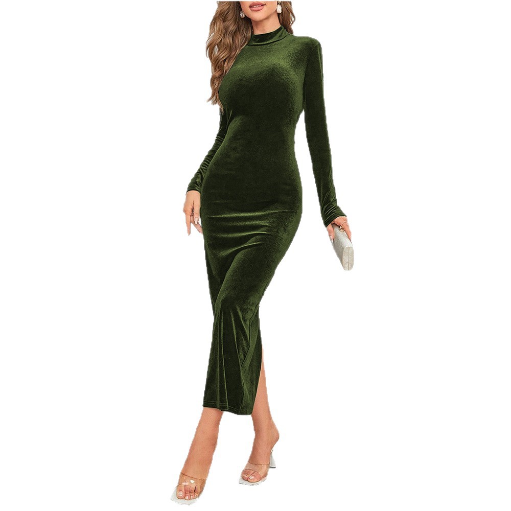 Elegant Slim Fit Split Hem Bodycon Long Sleeve Velvet Dress