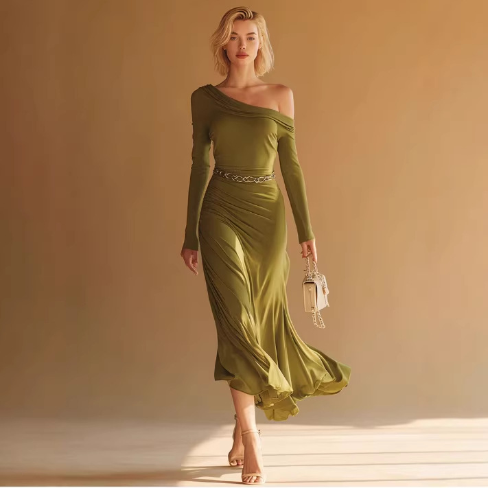 Sexy One-Shoulder Green Midi Dress with Draped Twist