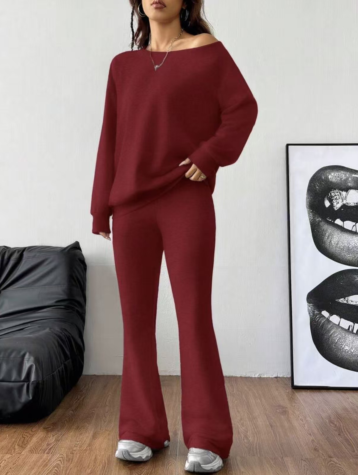 Off-Shoulder Lounge Two-Piece Set with Loose Sweatshirt and Flared Pants