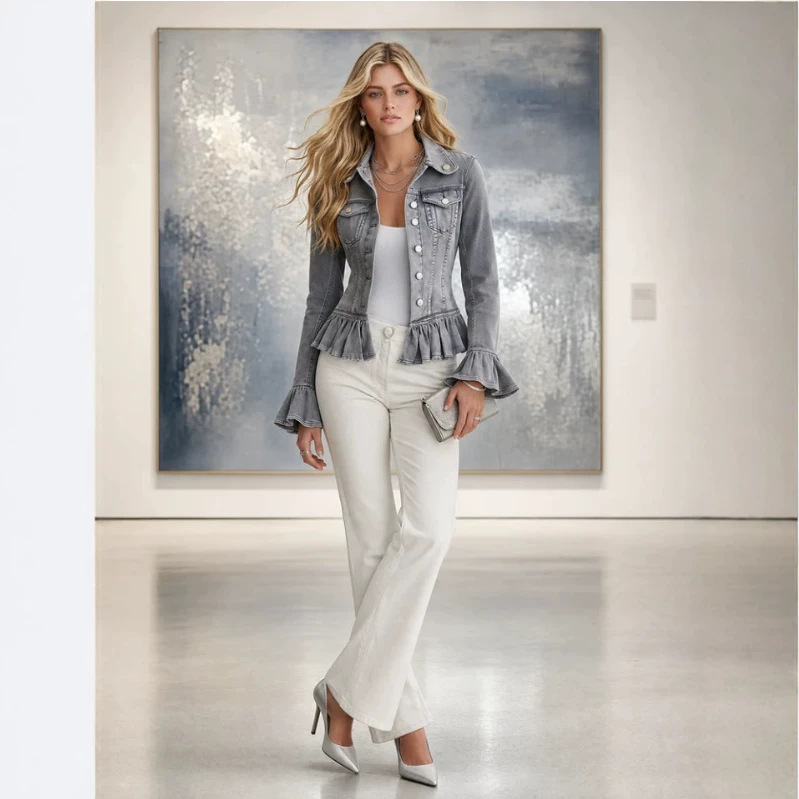 Gray Denim Jacket with Flared Sleeves and Ruffle Hem