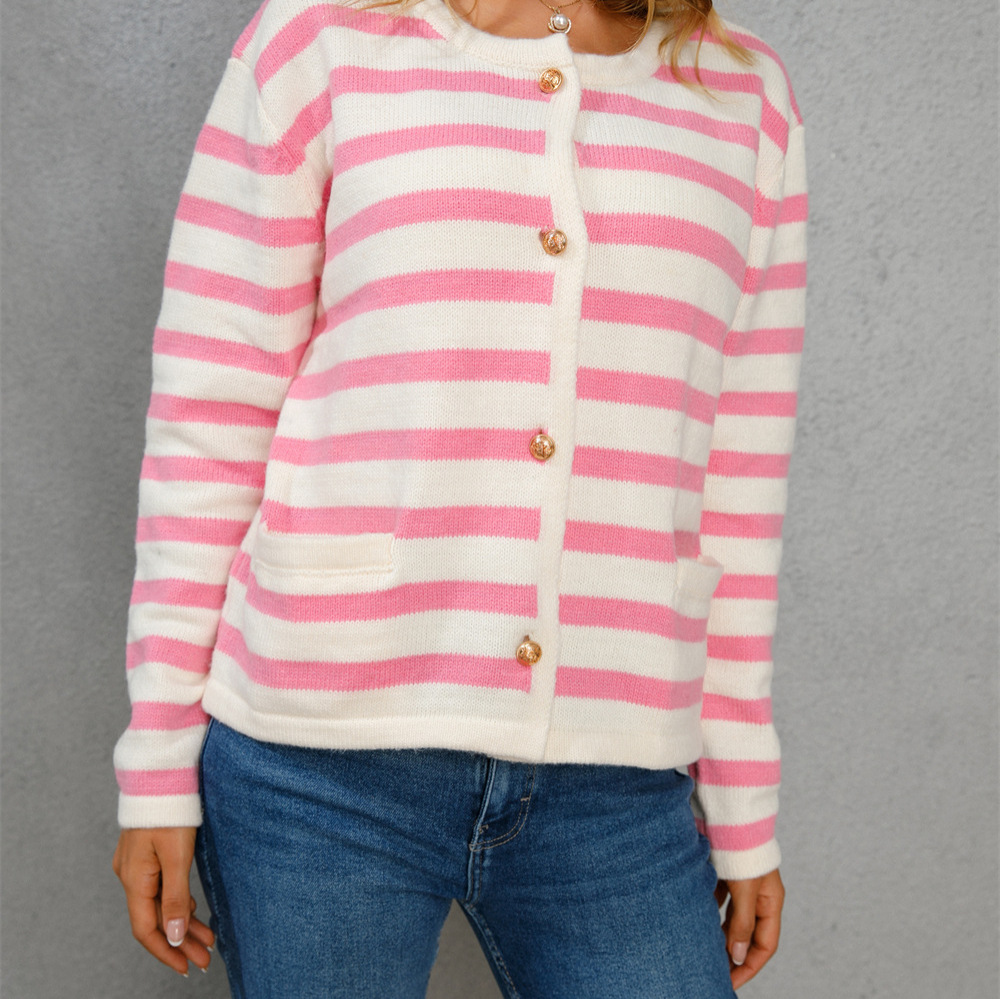 Women's Plus Size Striped Knit Cardigan Crew Neck Long Sleeve
