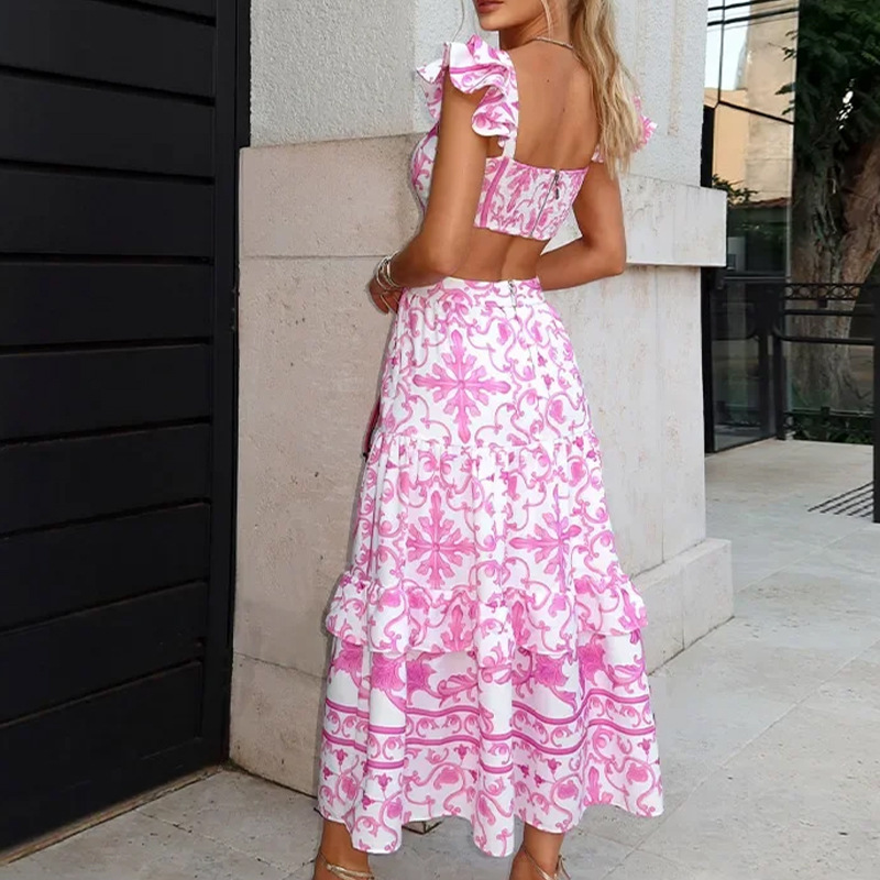 Elegant Flutter-Sleeve Floral Print Cutout Waist Dress