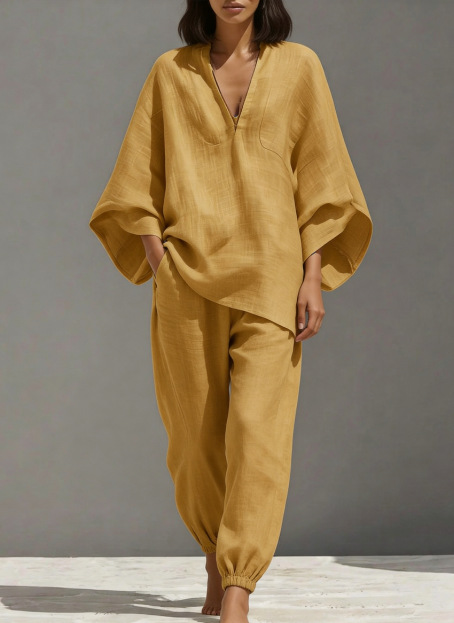 Women's Deep V-Neck Batwing Sleeve Loose Casual Two-Piece Set